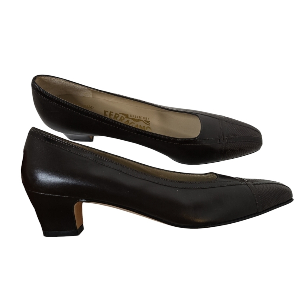 Salvatore Ferragamo Lizard Pumps Shoes Brown Calf Leather Womens Sz 8 AA VTG